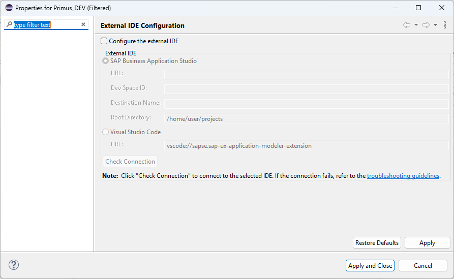External IDE configuration window