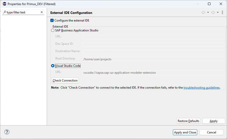 VS Code selected as external IDE