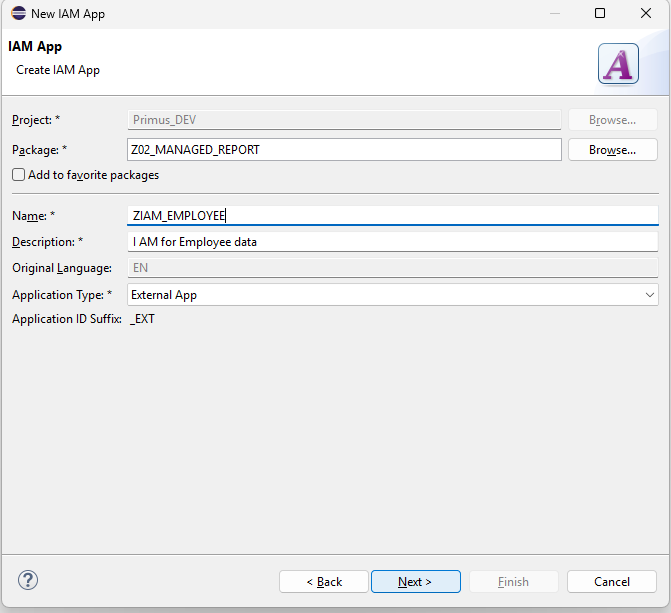 External Application type selected