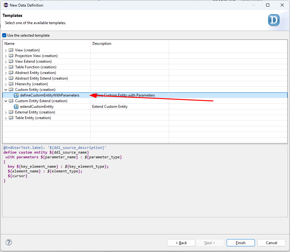 Selecting the Custom Entity template