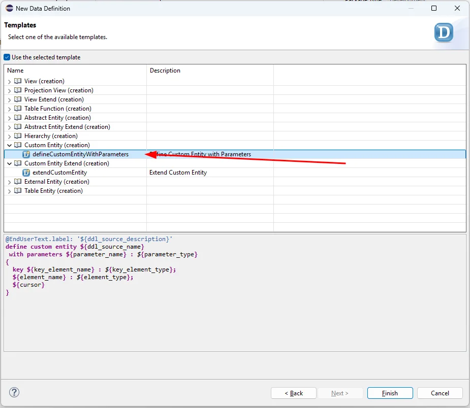 Selecting the Custom Entity template