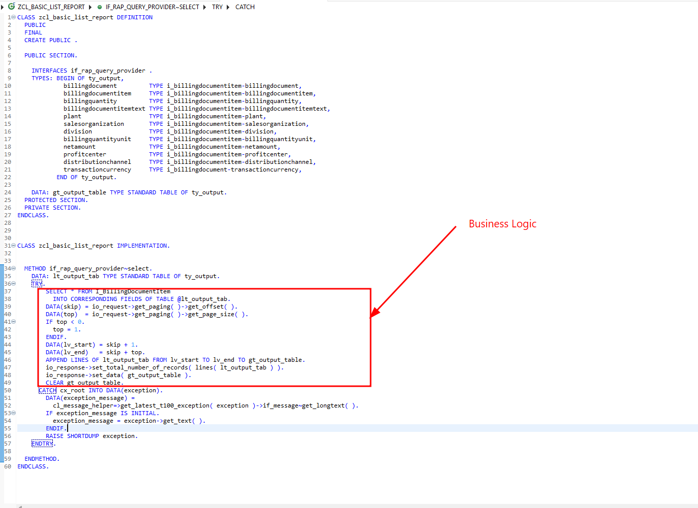 Completed SELECT method with business logic highlighted