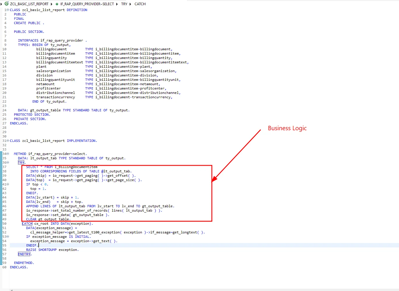Completed SELECT method with business logic highlighted