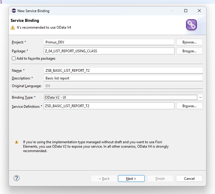 Service Binding configuration dialog