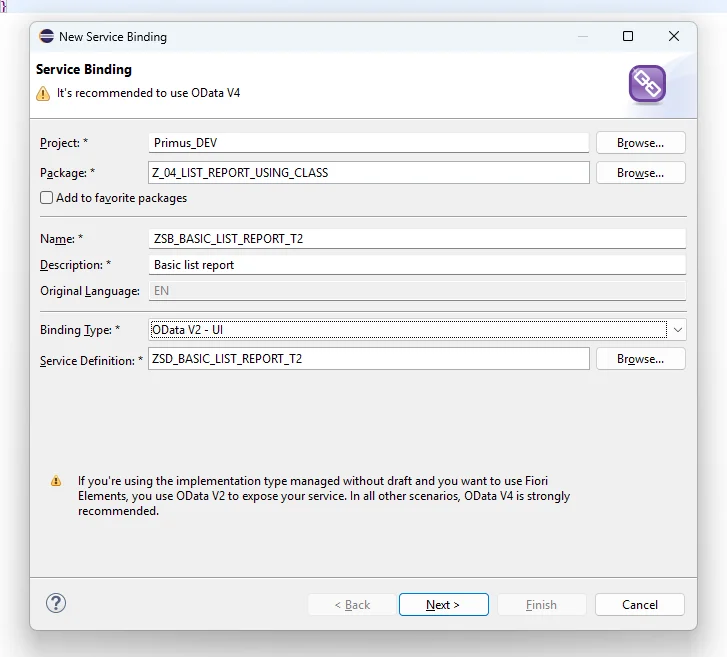 Service Binding configuration dialog
