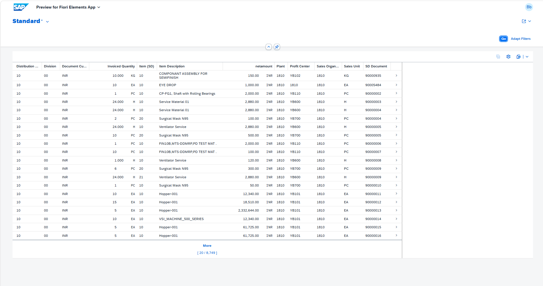Full data preview with billing document details