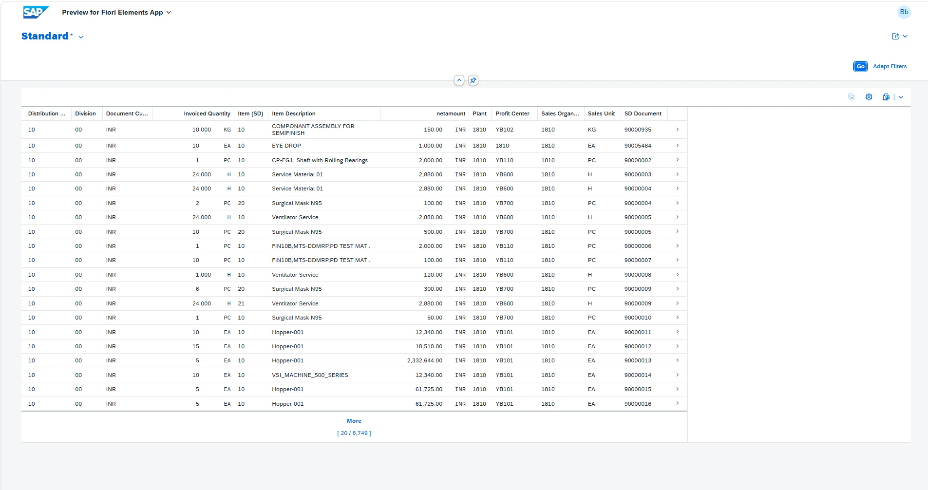 Full data preview with billing document details
