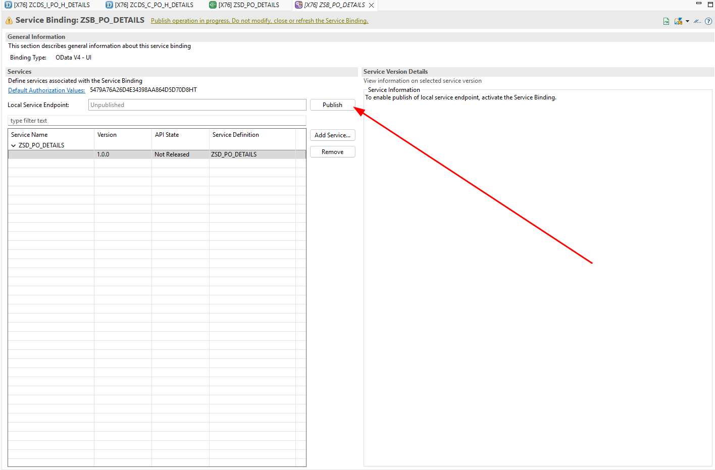 Activating and publishing the service binding