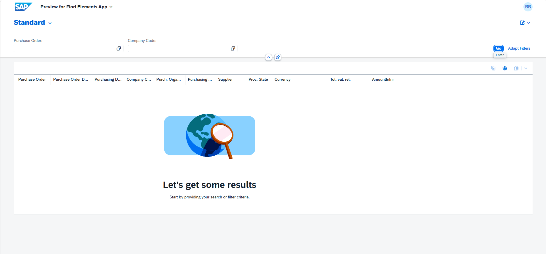 Default search fields in the filter bar