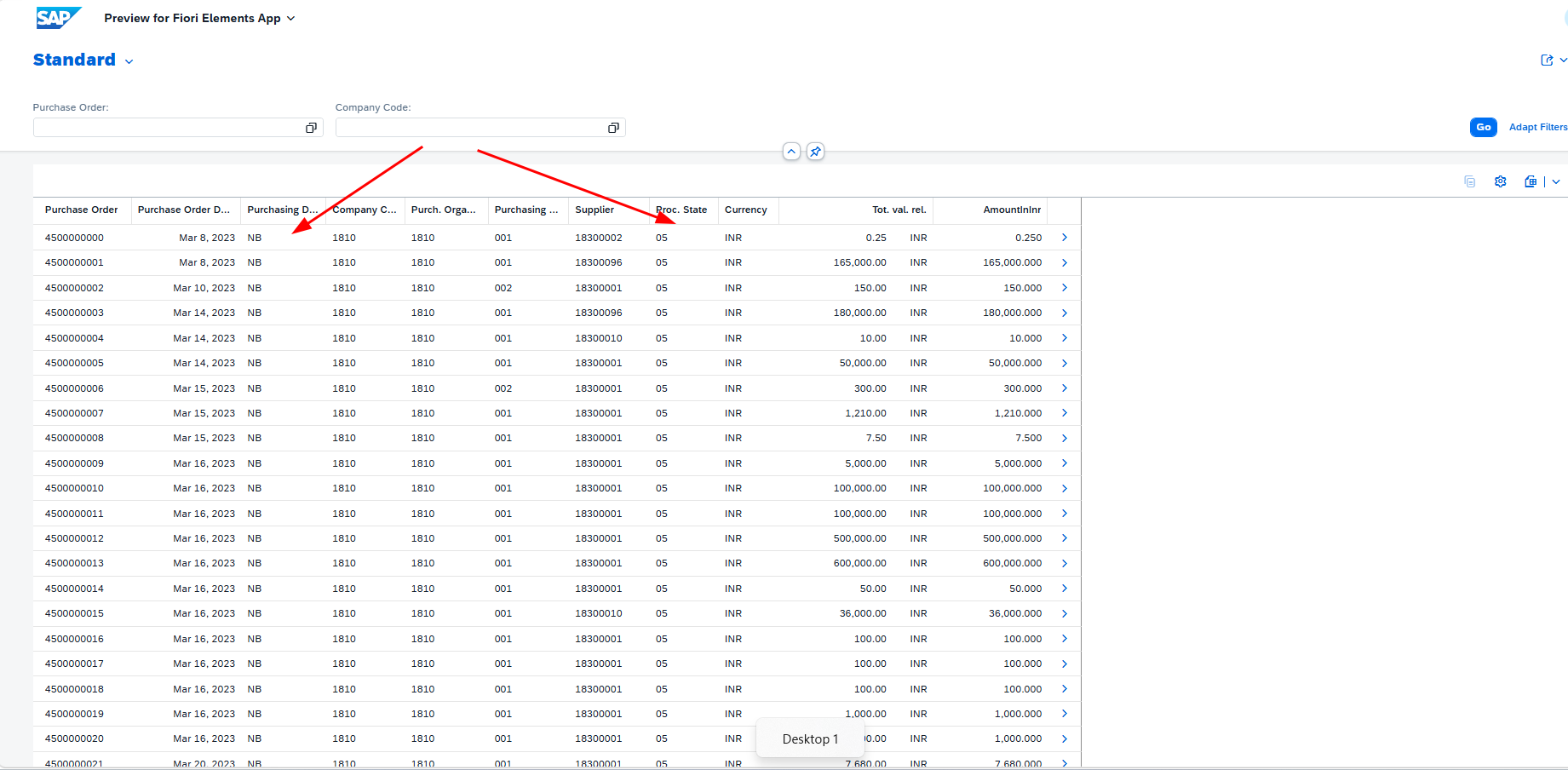 Fields displayed as raw codes