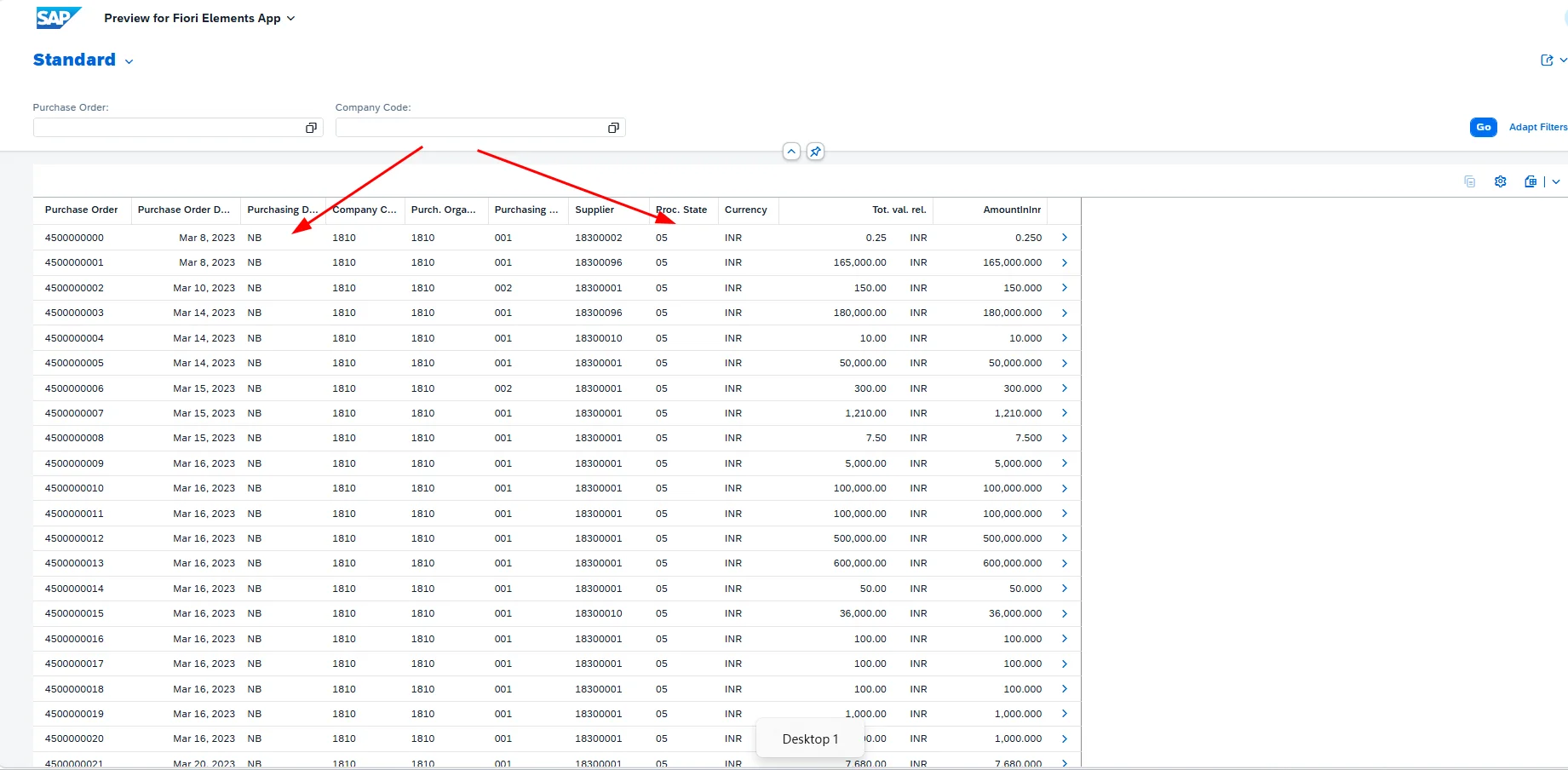 Fields displayed as raw codes