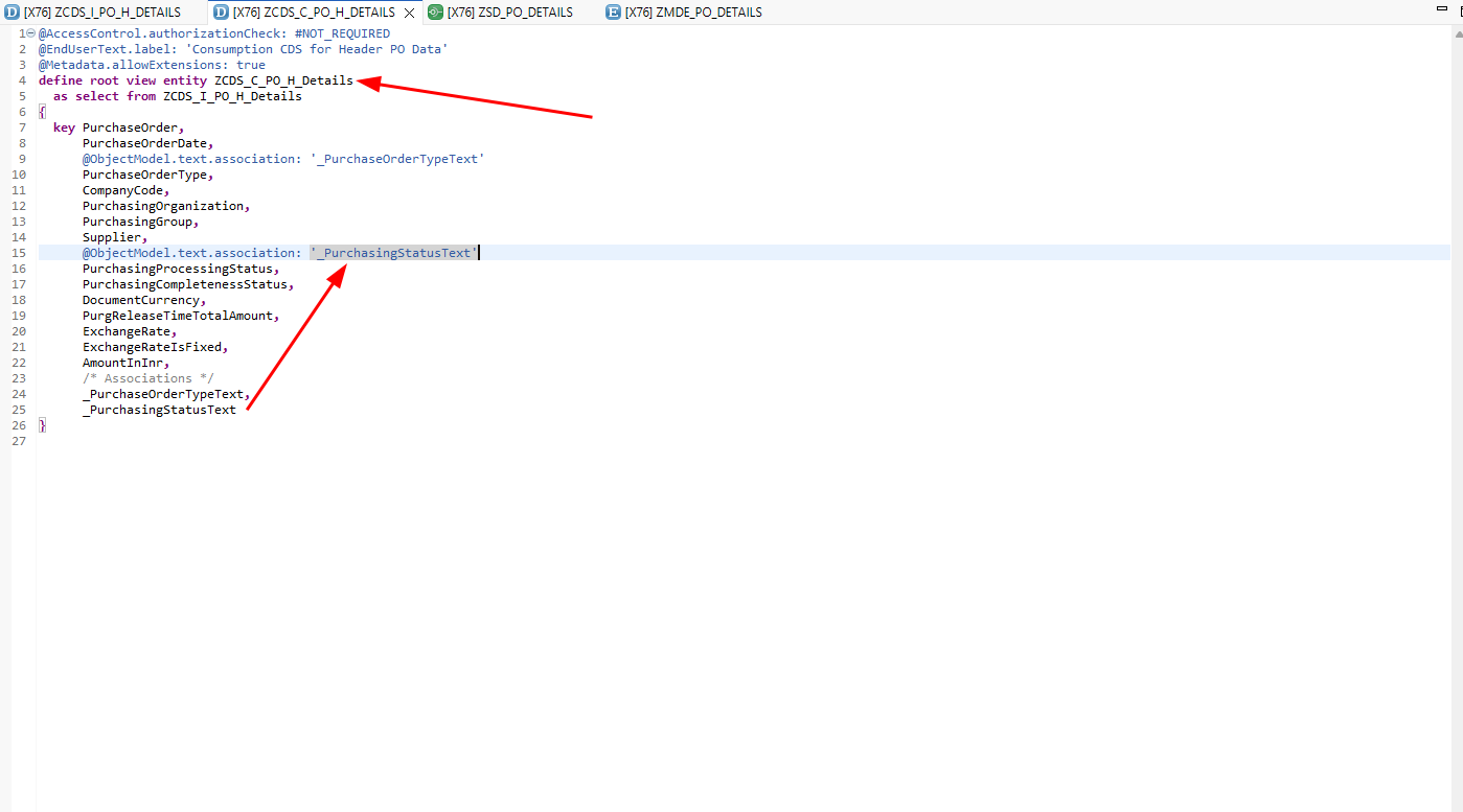 Using the custom association in the consumption view