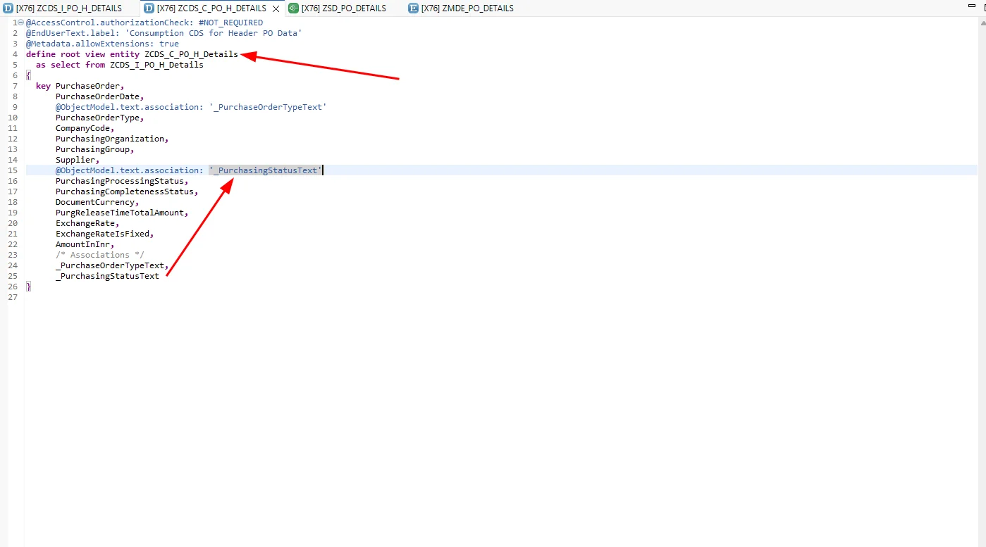 Using the custom association in the consumption view
