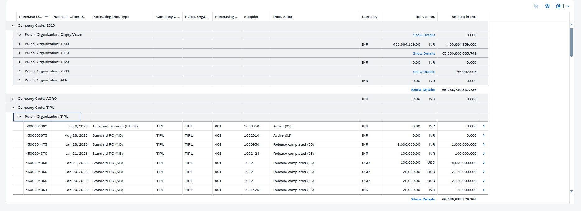 Grouped data view expanded