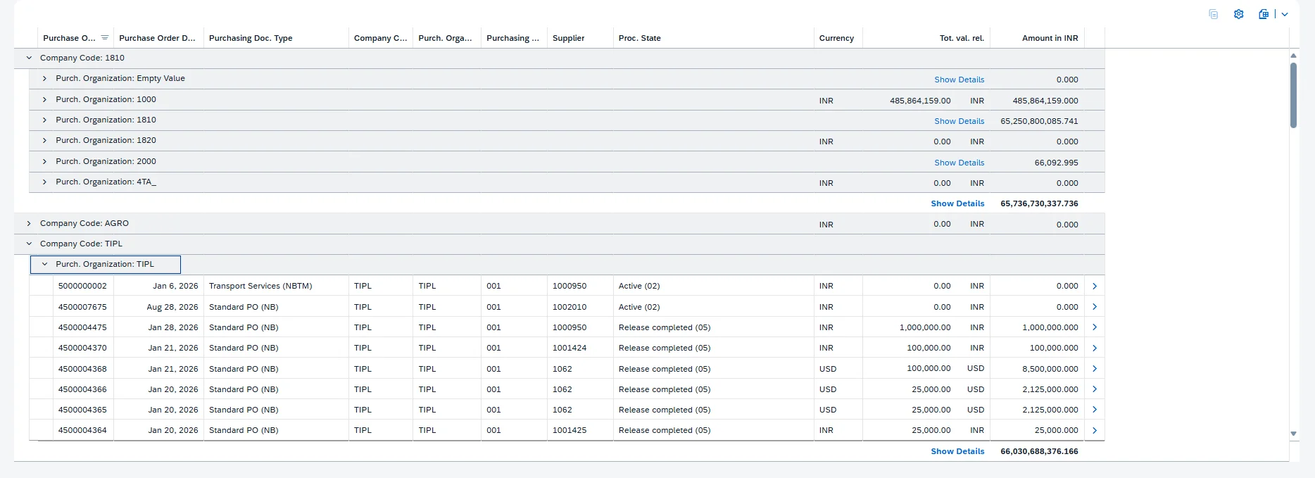 Grouped data view expanded