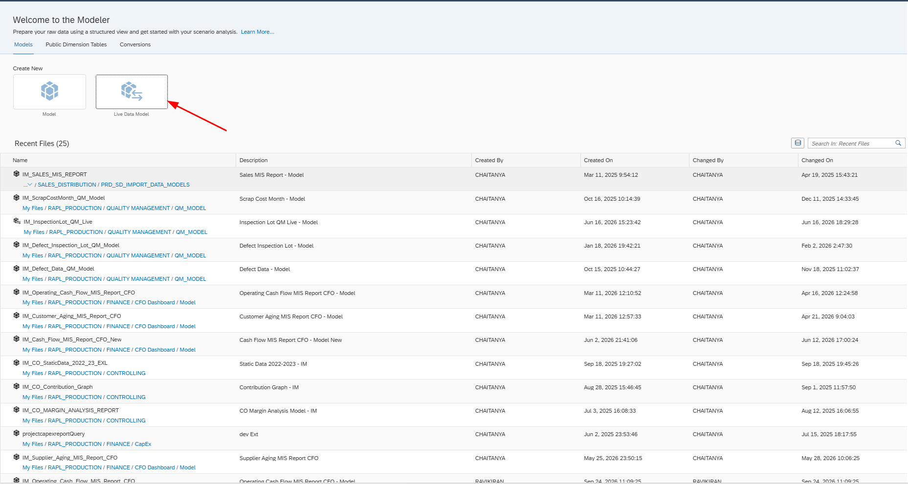 SAC Live Data Model connection screen