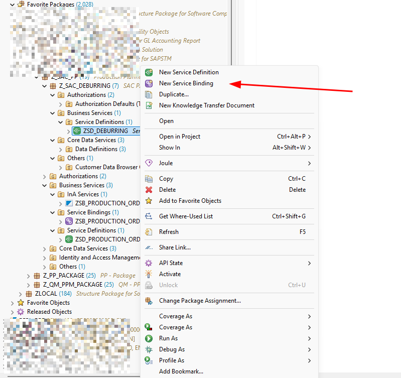 New Service Binding option in context menu