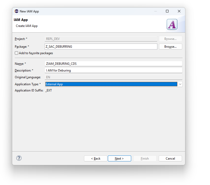 Selecting External App as the application type