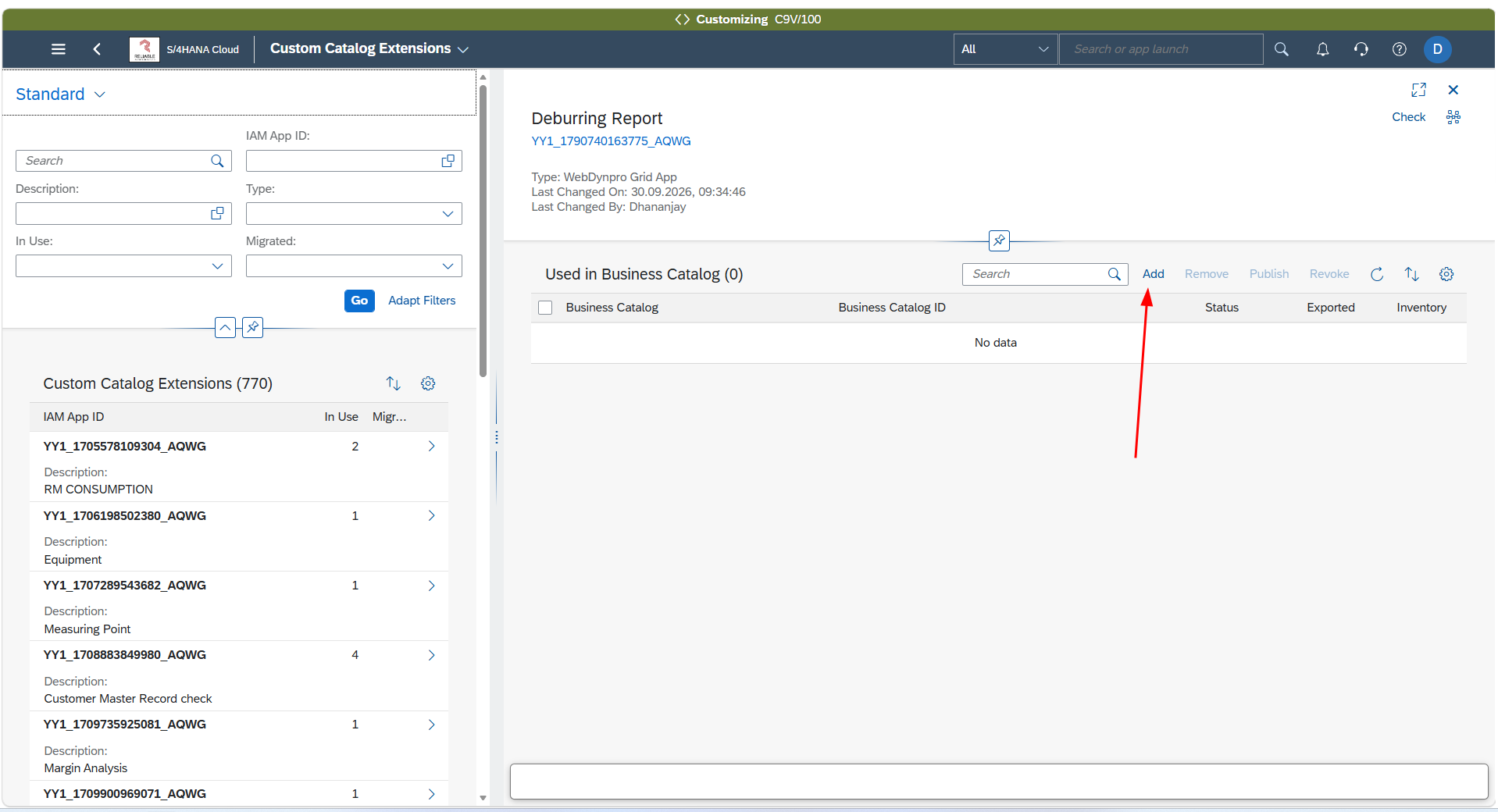 Add button in the Catalog view