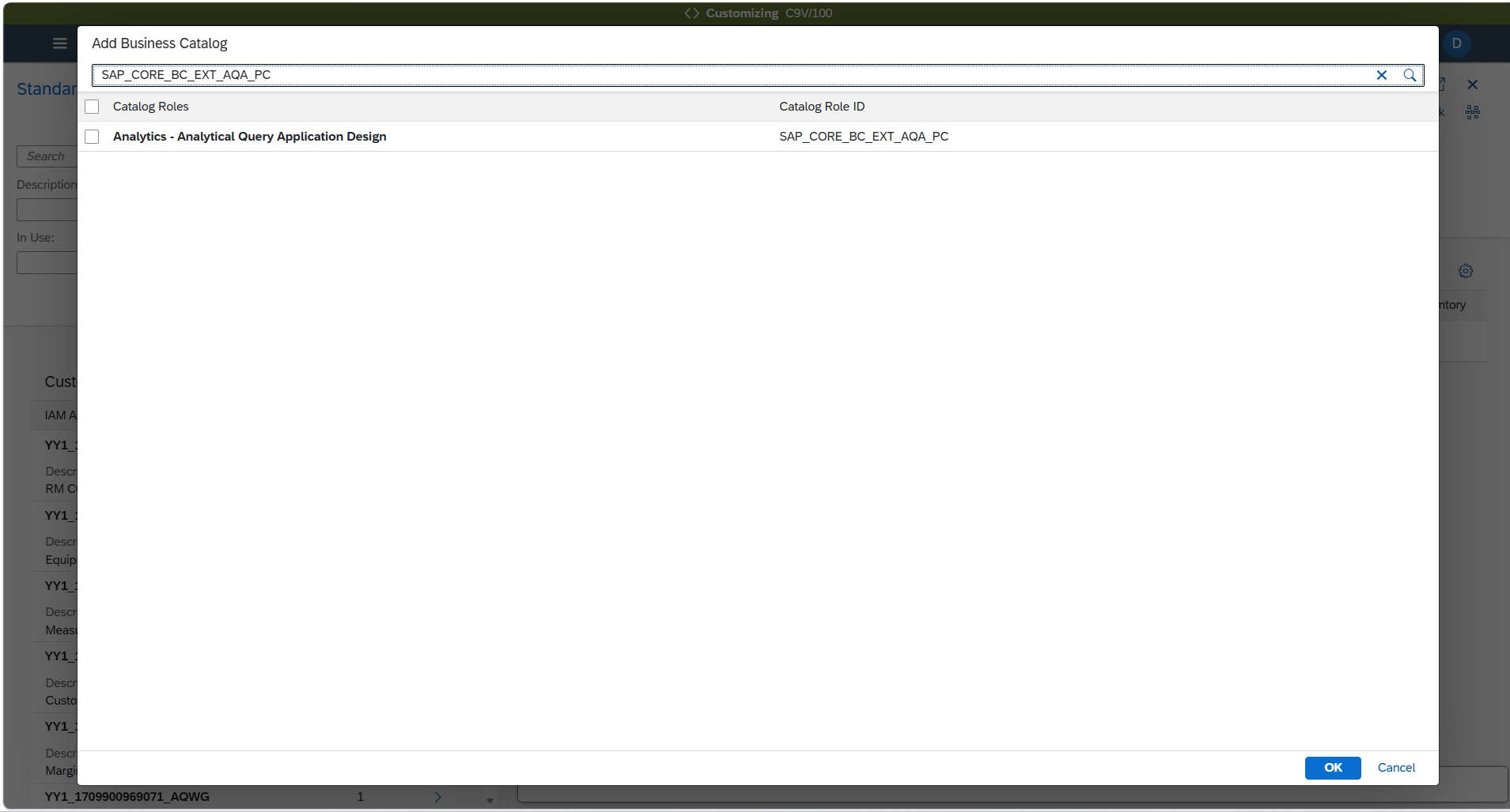 Searching for and selecting the SAP_CORE_BC_EXT_AQA_PC catalog