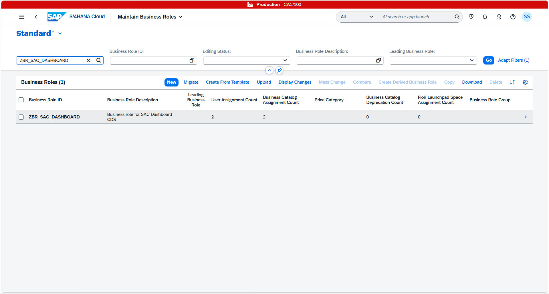 Maintain Business Roles app in PRD