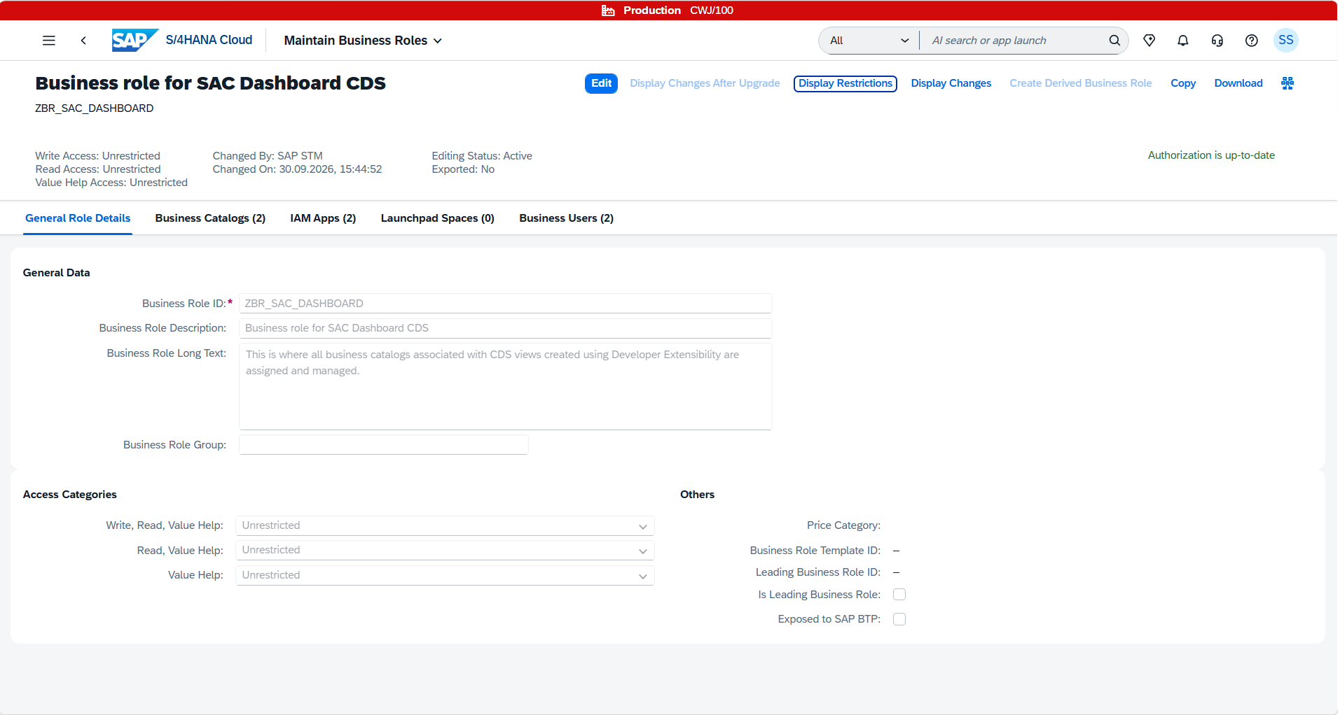 Business Catalogs tab inside the Business Role