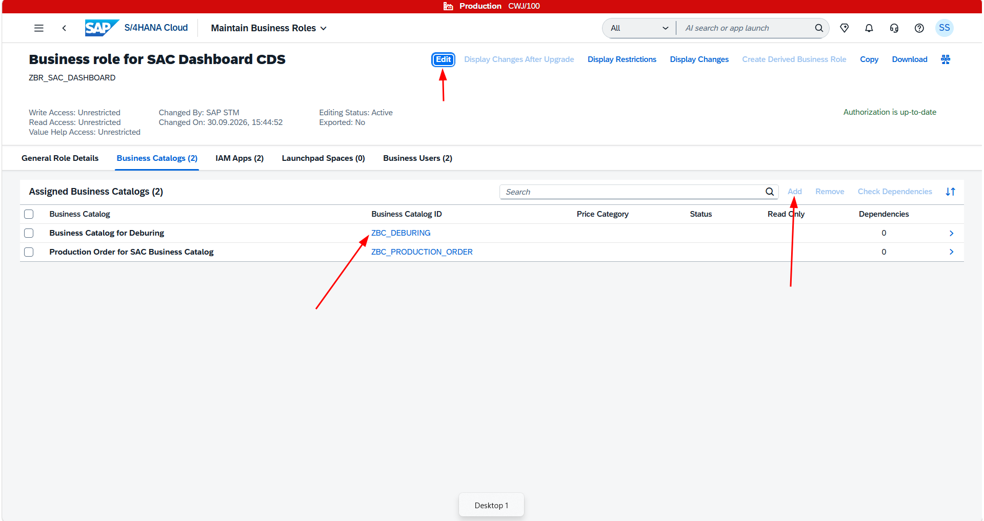 Adding the Business Catalog to the Business Role