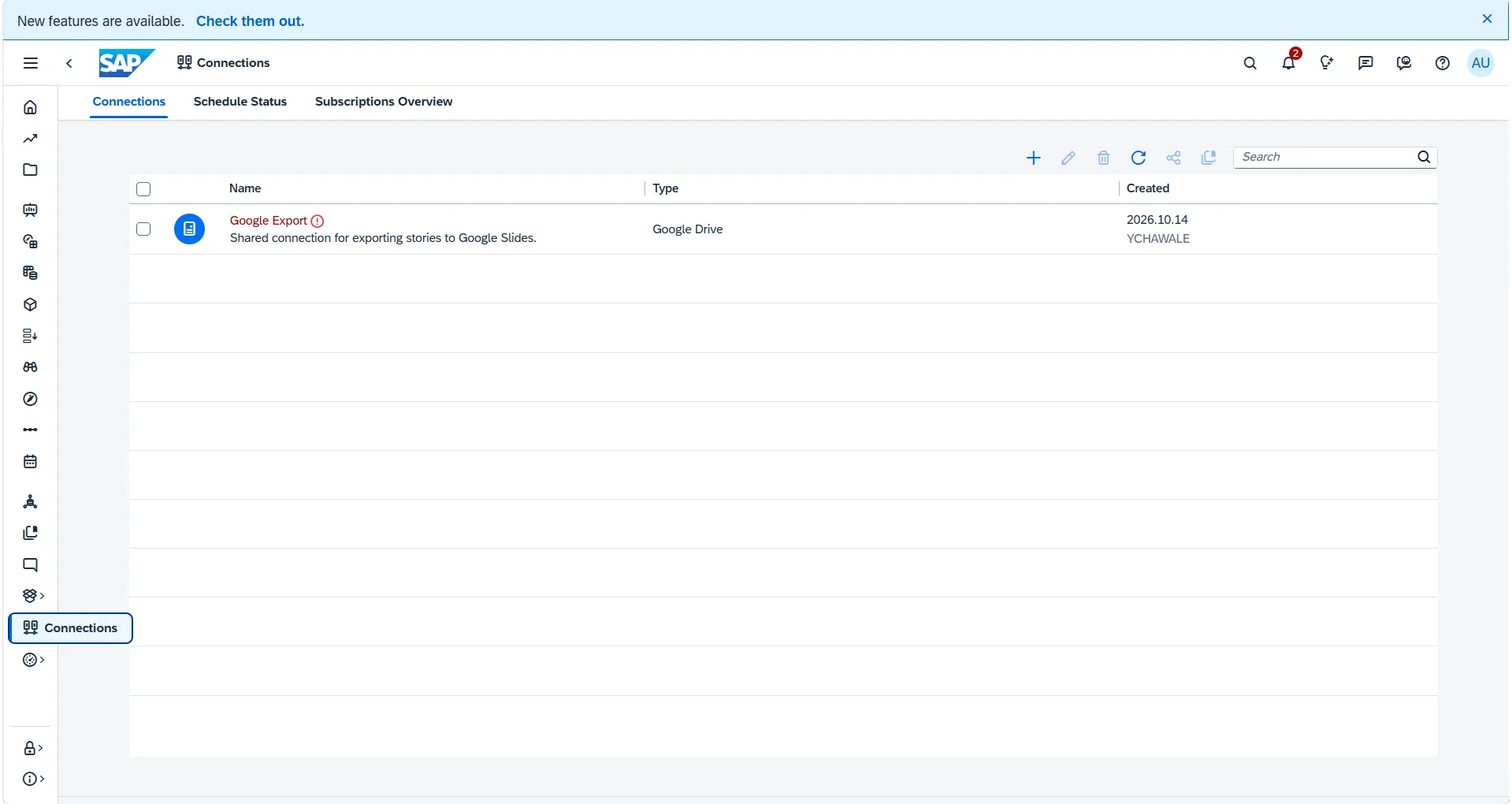 SAP Analytics Cloud Connections screen showing no existing S/4HANA connection