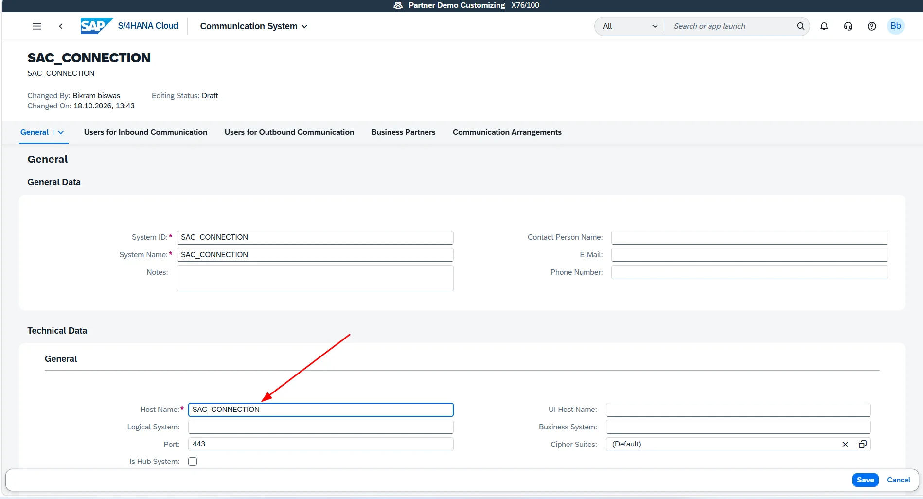 Configuring Host Name and Port in Communication System General tab
