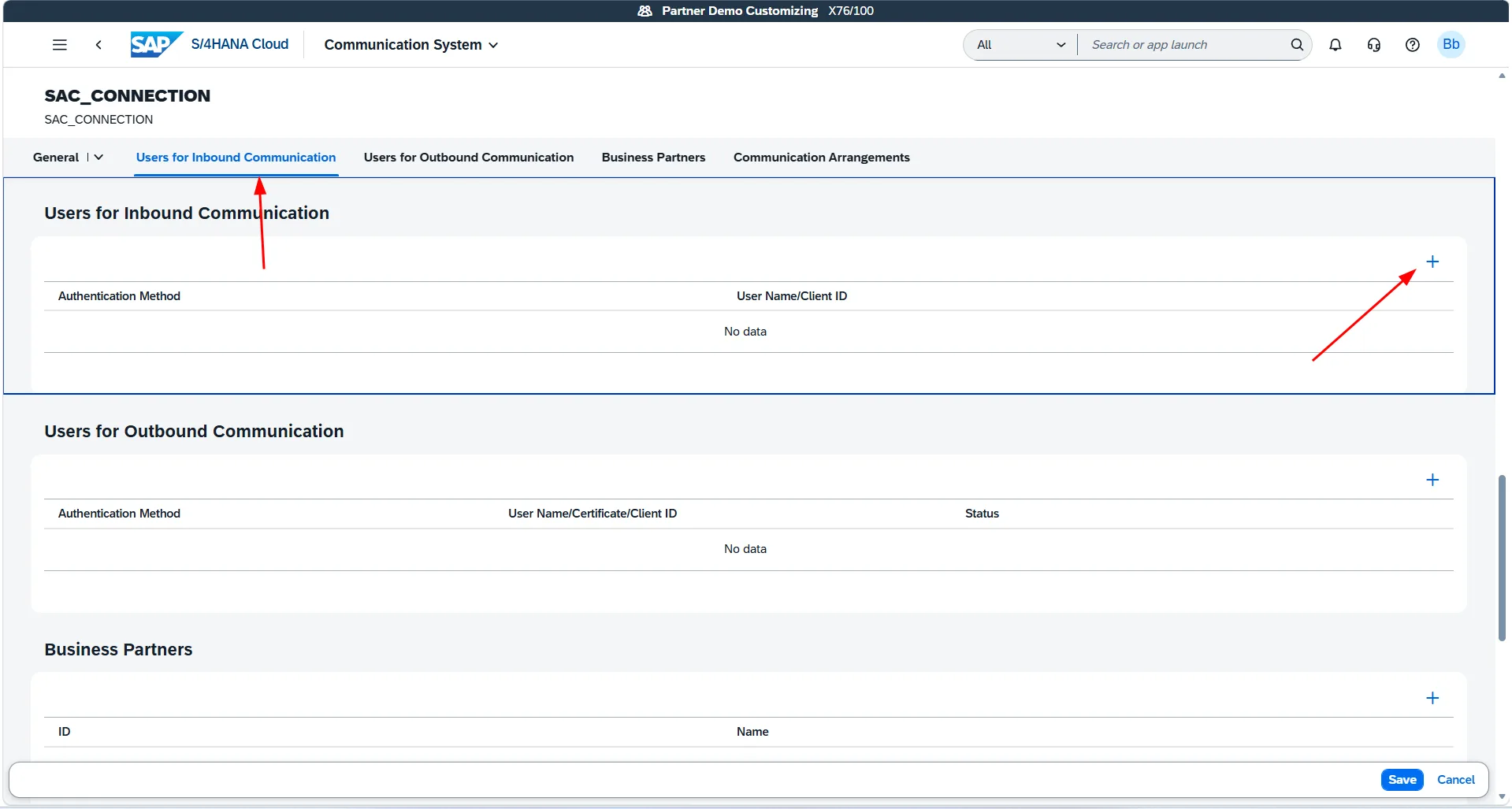 Navigating to Users for Inbound Communication tab and clicking add button