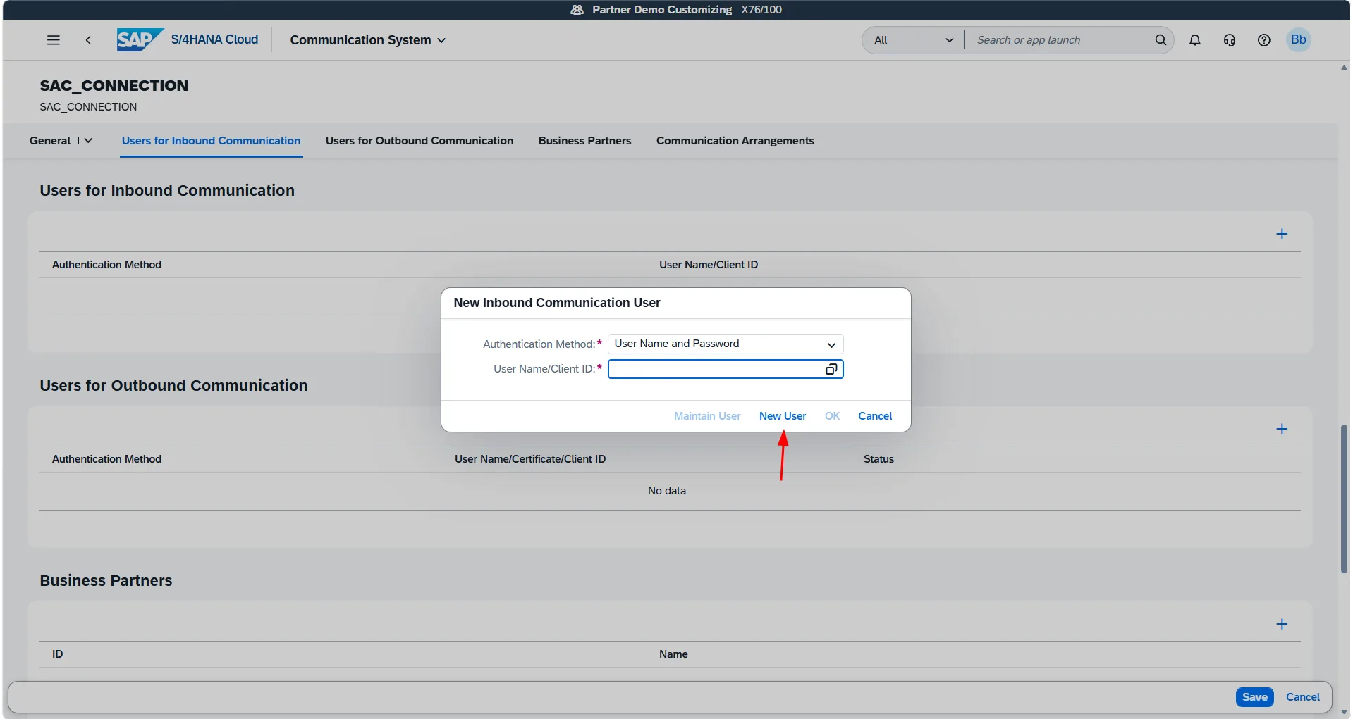 New Inbound Communication User dialog with New User button