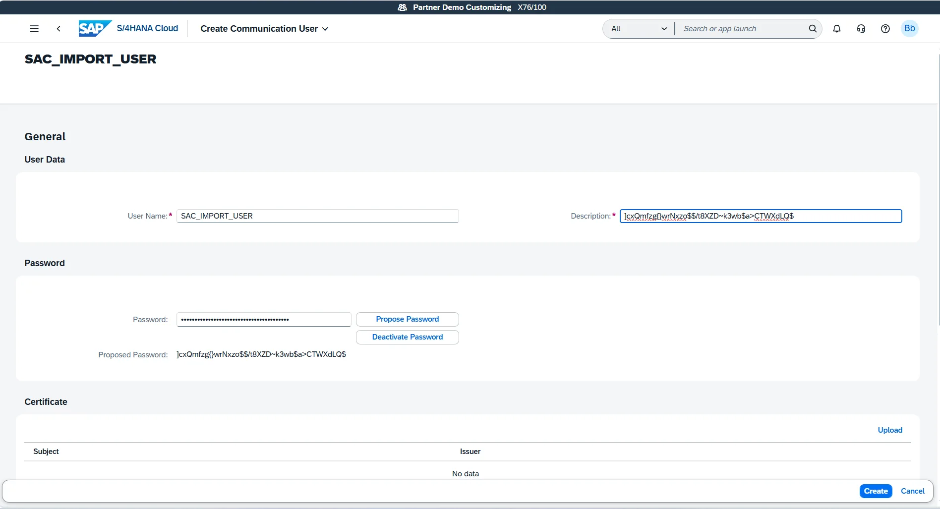 Creating technical Communication User SAC_IMPORT_USER with proposed password