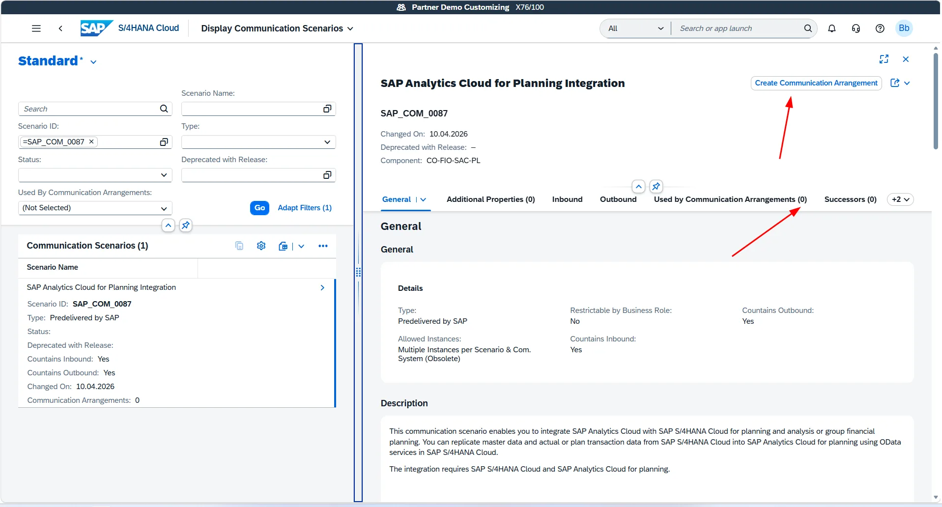 Scenario details for SAP_COM_0087 with Create Communication Arrangement action