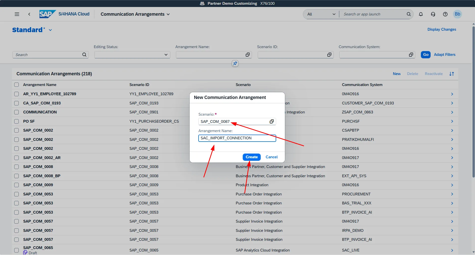 New Communication Arrangement dialog specifying arrangement name