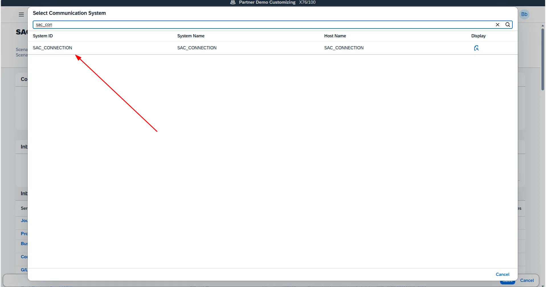 Selecting Communication System SAC_CONNECTION from search help