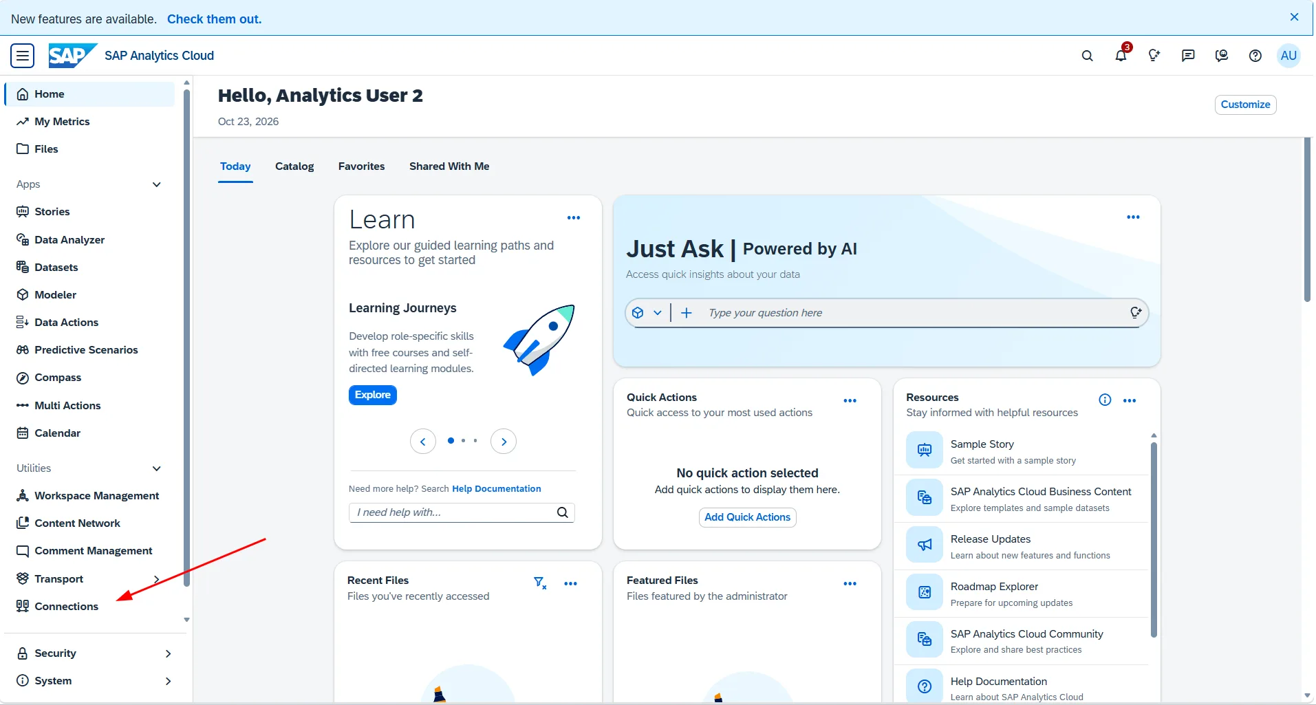 Navigating to Connections in SAP Analytics Cloud side menu