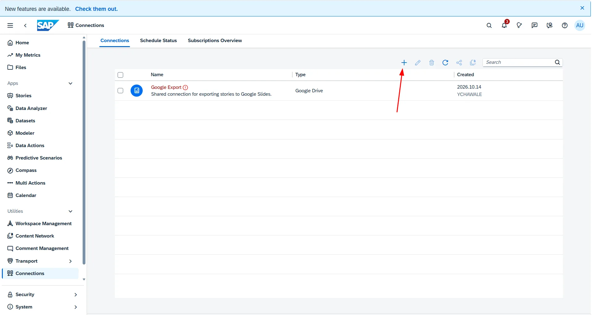 Clicking Add Connection icon on SAC Connections page