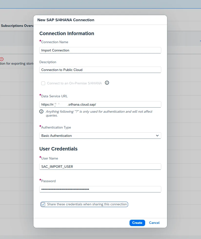 Configuring New SAP S/4HANA Connection dialog with Data Service URL and Basic Auth
