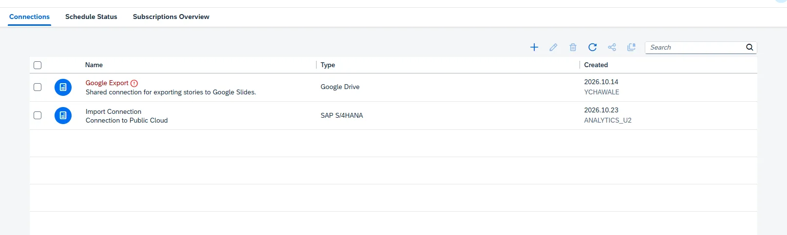 SAC Connections table showing newly created Import Connection