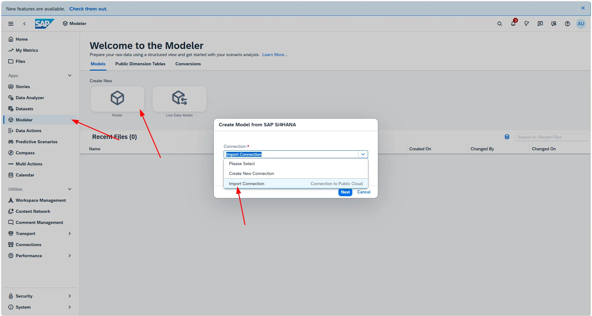 SAC Modeler landing page with Model creation option