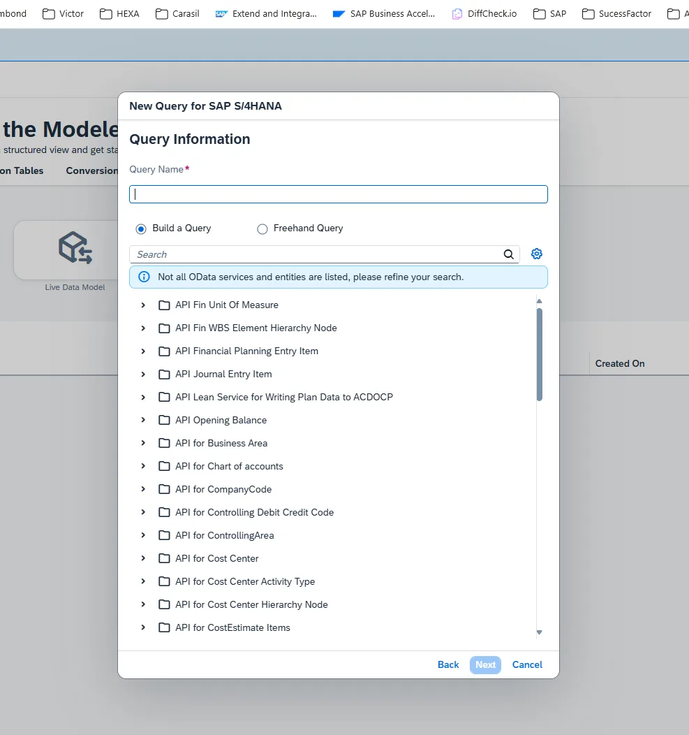 New Query for SAP S/4HANA dialog displaying all available OData services