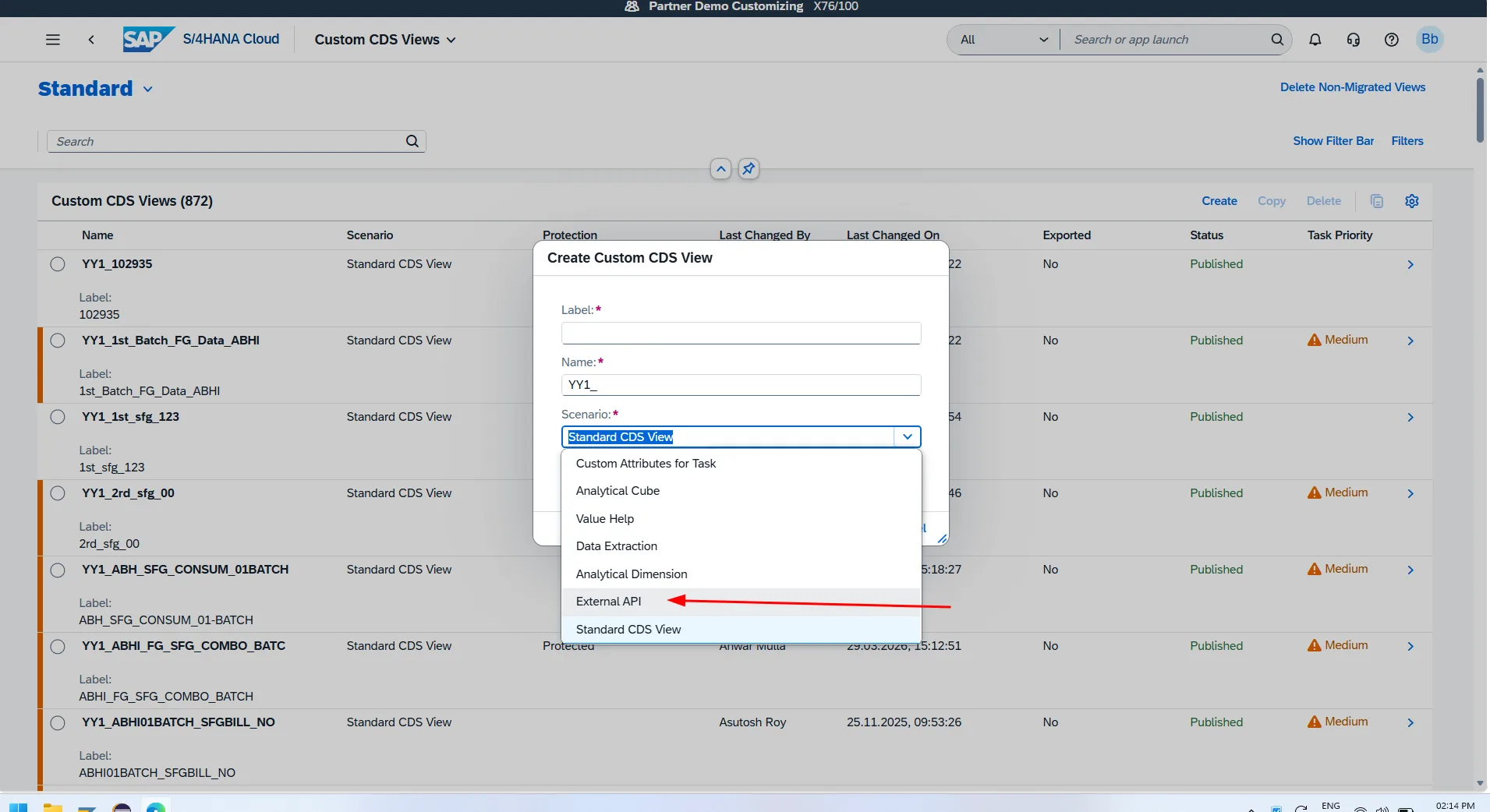 Setting the scenario type to External API on the Custom CDS View