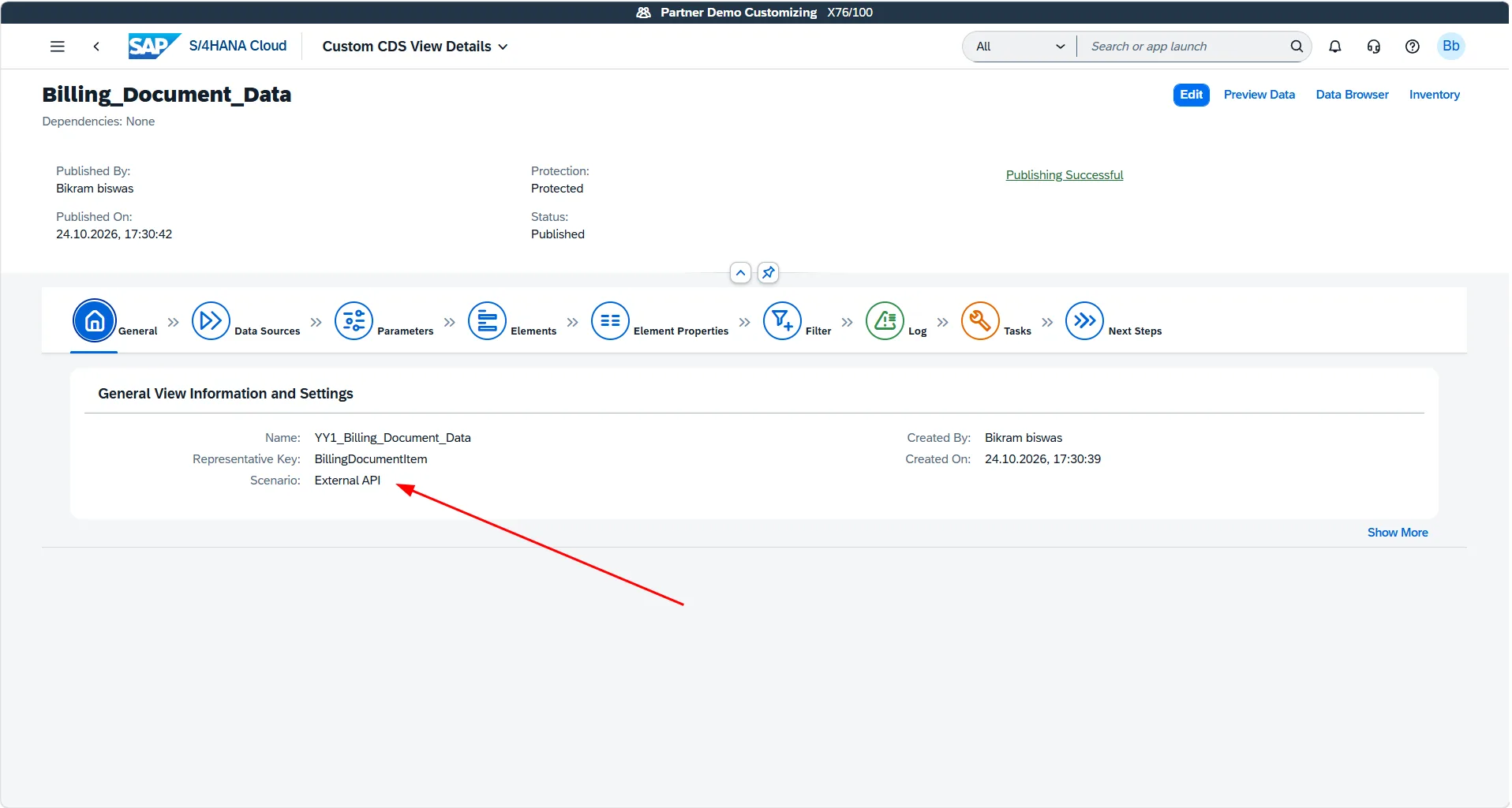 Reviewing elements and publishing the Custom CDS View