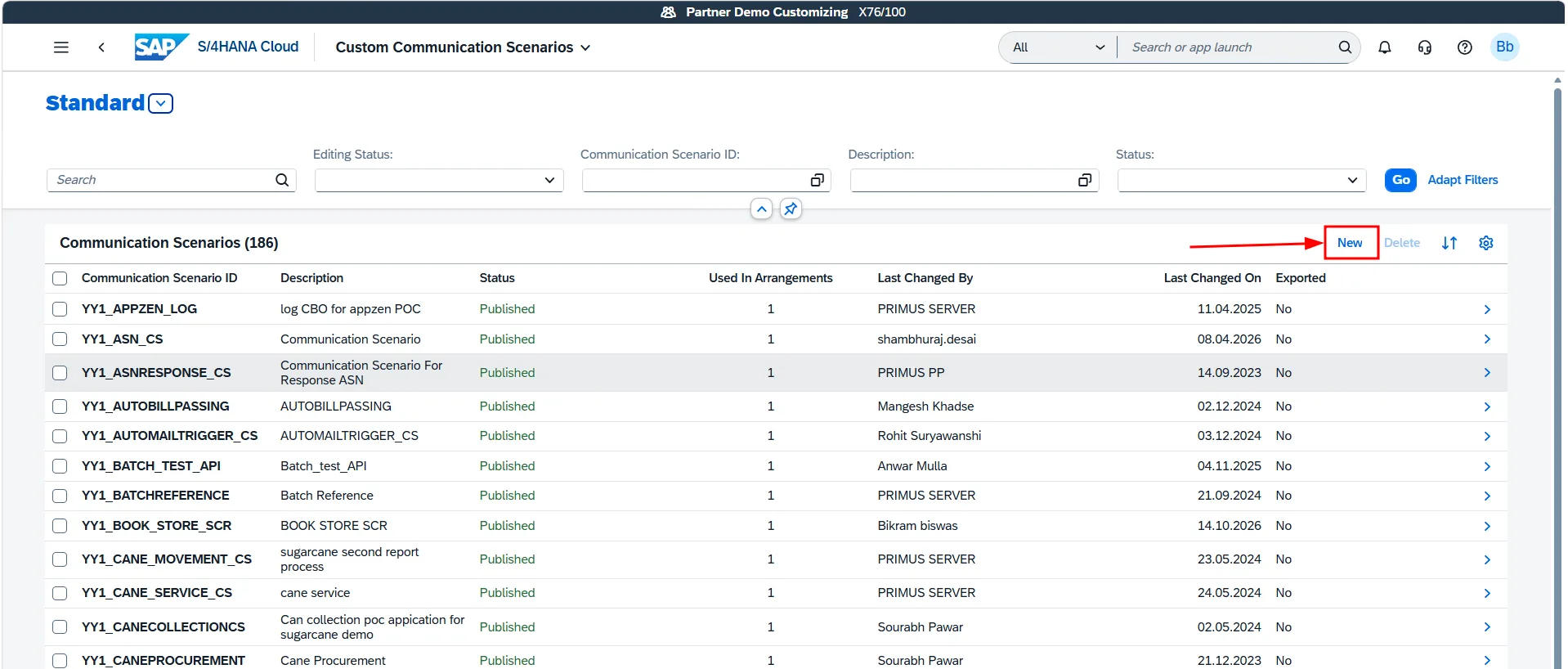 Custom Communication Scenarios list view with New button