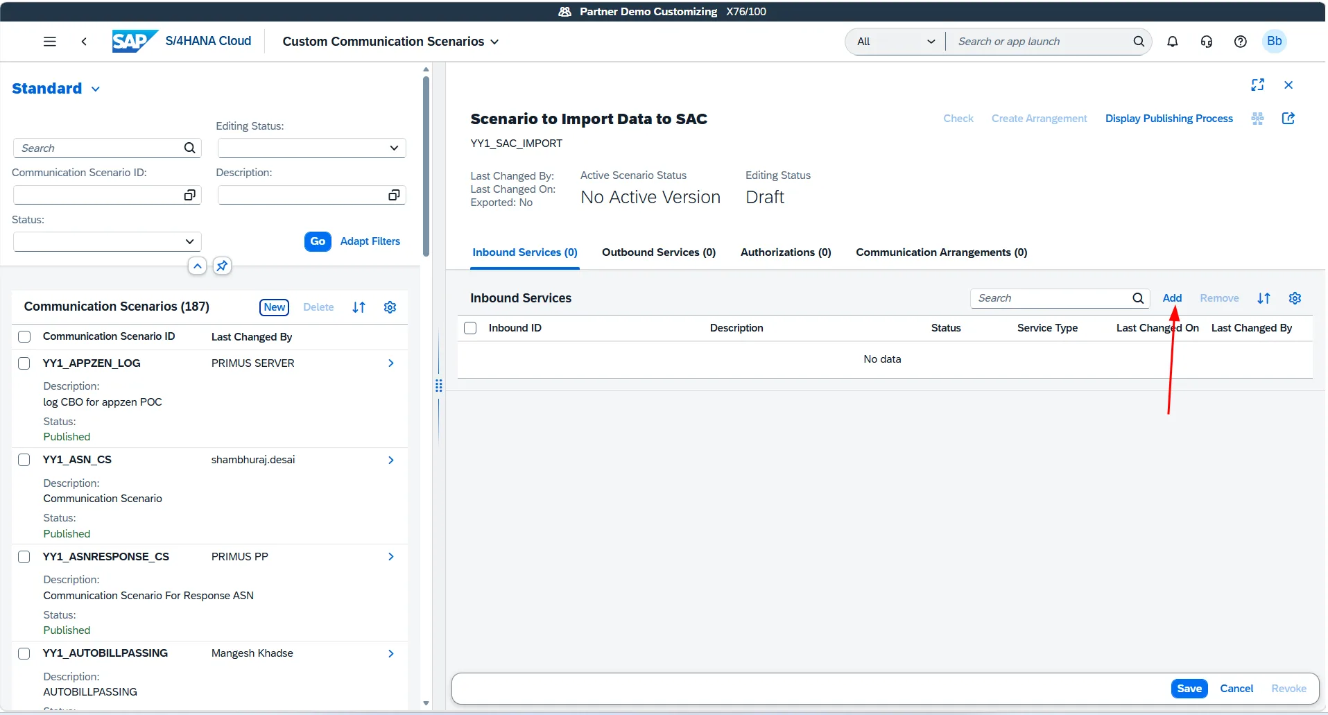 Clicking Add button under Inbound Services tab