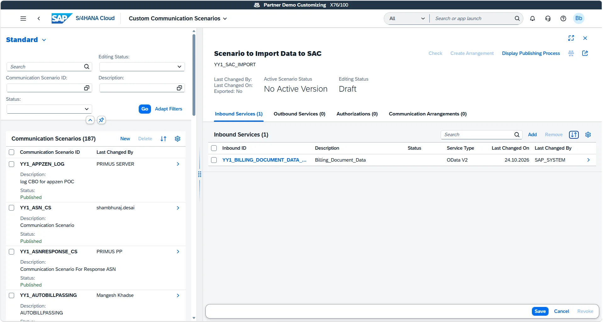 Inbound Services table displaying selected CDS service and clicking Save