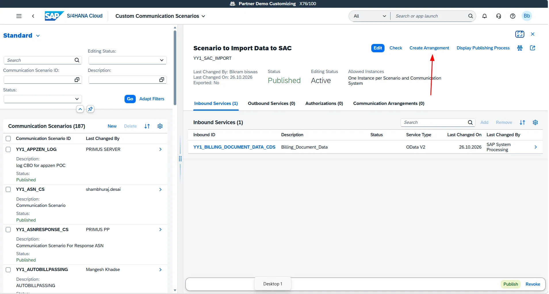Custom Communication Scenario published successfully with green status