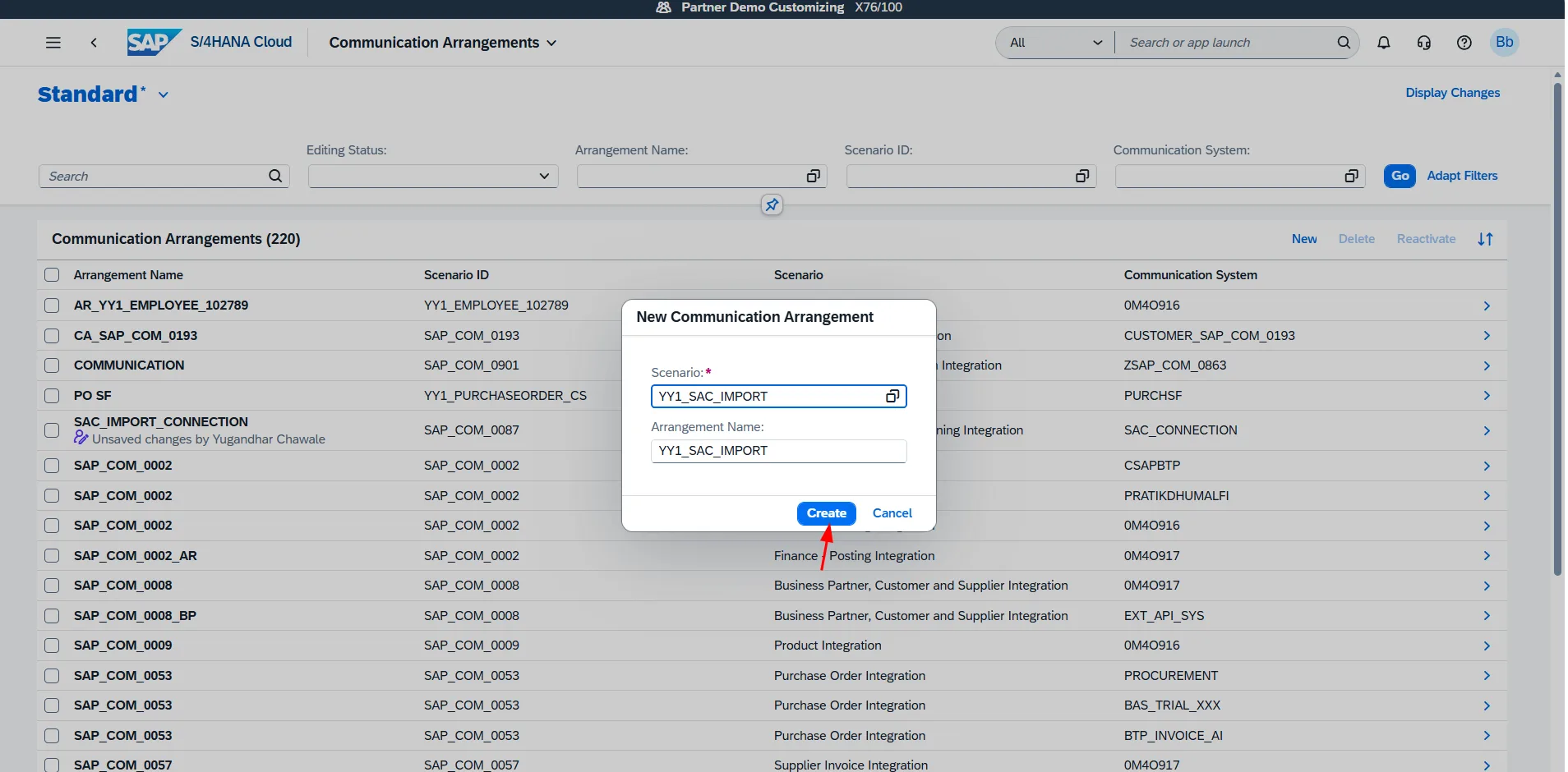 Creating new Communication Arrangement dialog