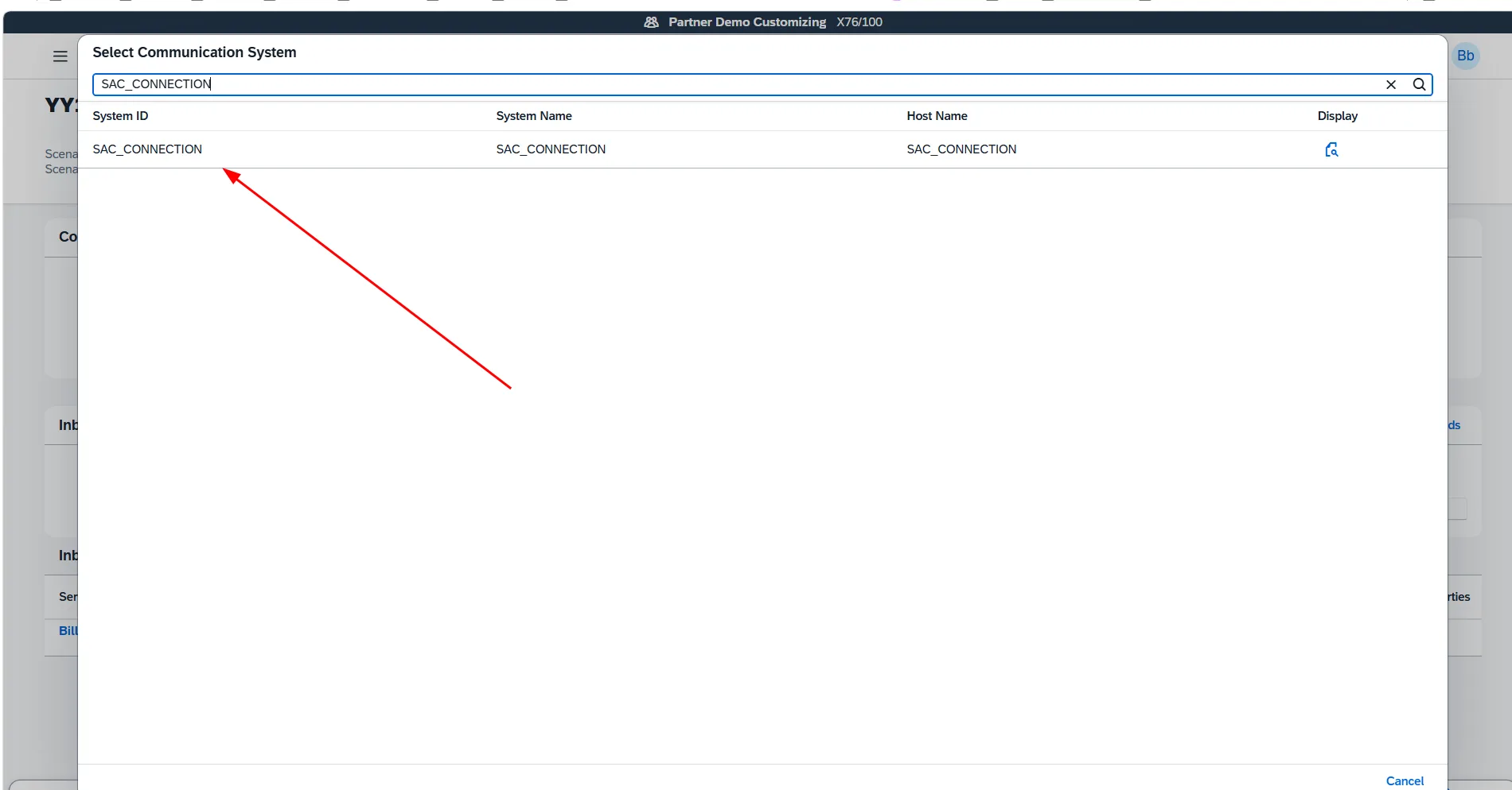 Selecting SAC_CONNECTION communication system from the dialog