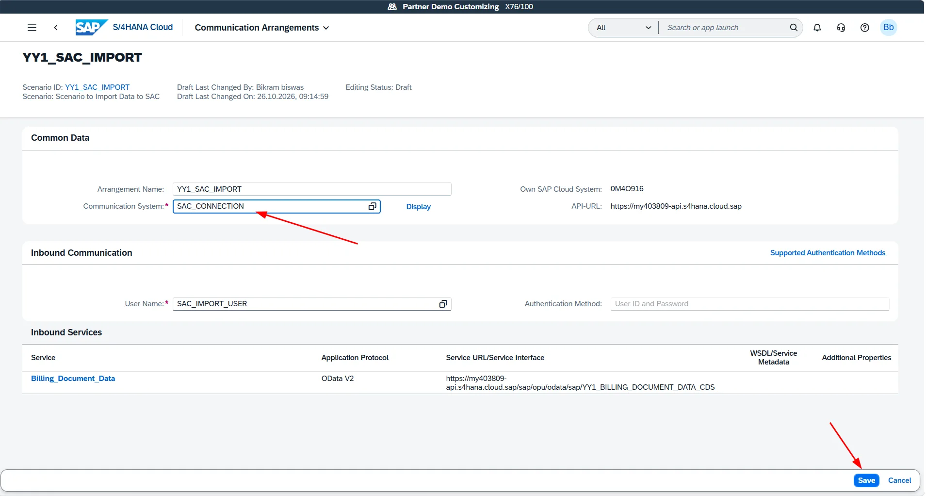 Reviewing inbound user and saving the Communication Arrangement